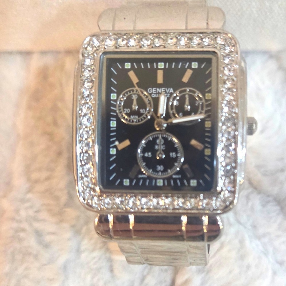 Geneva Quartz Silver Tone Crystal Bezel Rectangular Face Cuff Bracelet Watch